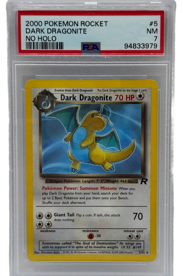 2000 Pokémon Rocket Dark Dragonite ERROR No Holo 5/82 PSA 7 NEAR MINT