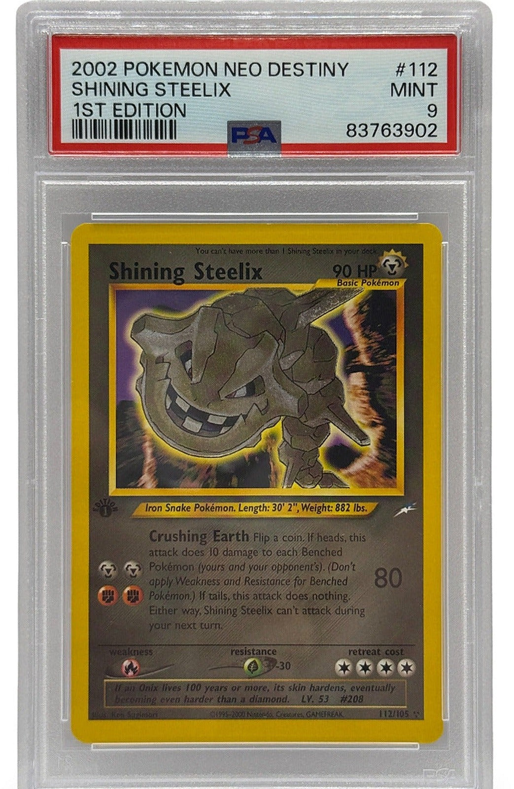 Pokémon trading card in protective packaging with a white background