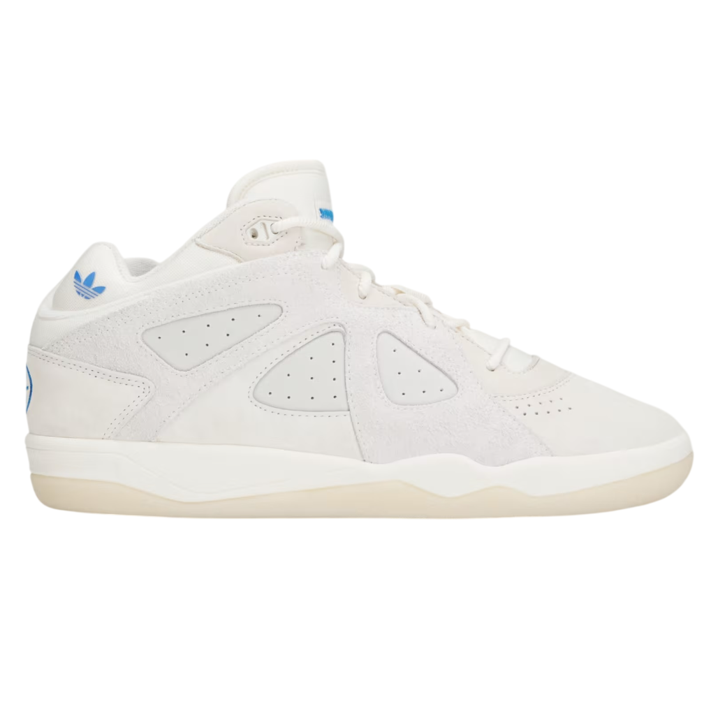 White sneaker with blue accents on a white background