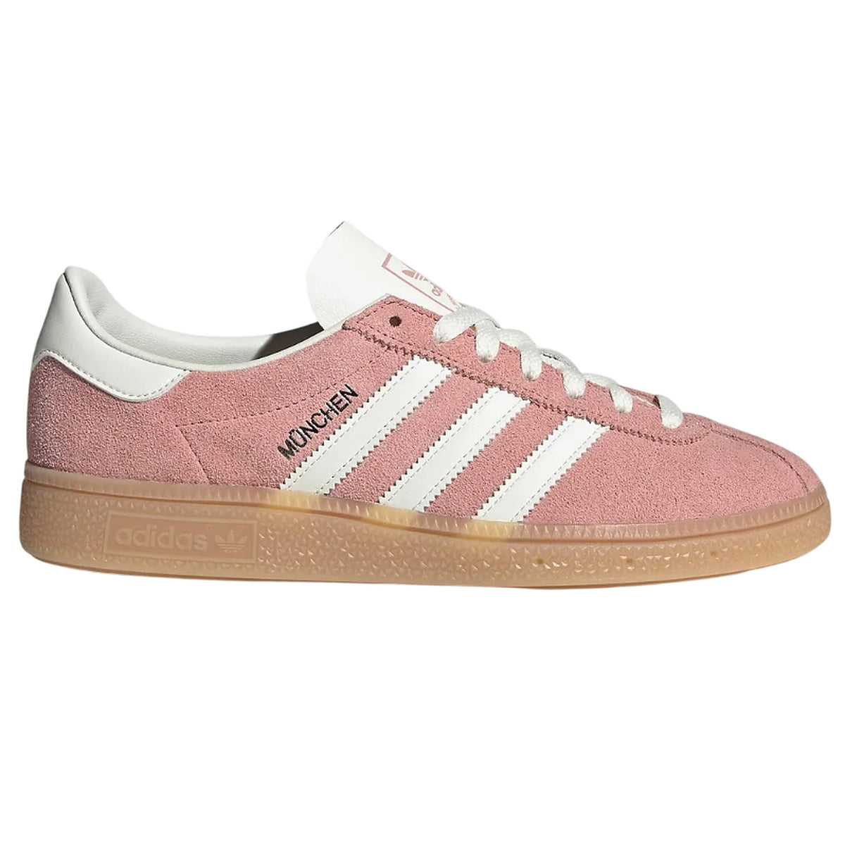 Pink Adidas sneaker with white stripes on a white background