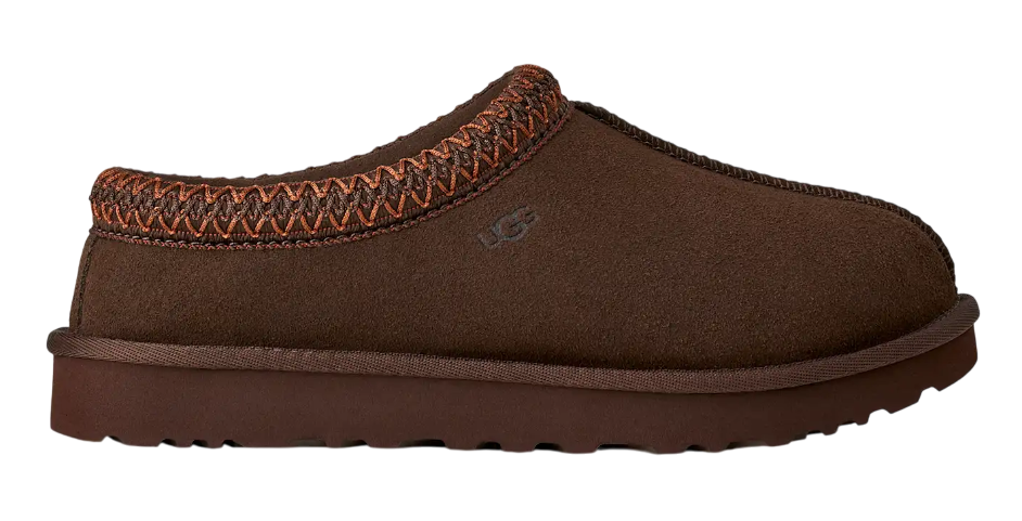 Brown slip-on shoe with textured band on a white background