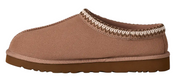 Brown slipper with a textured trim on a white background
