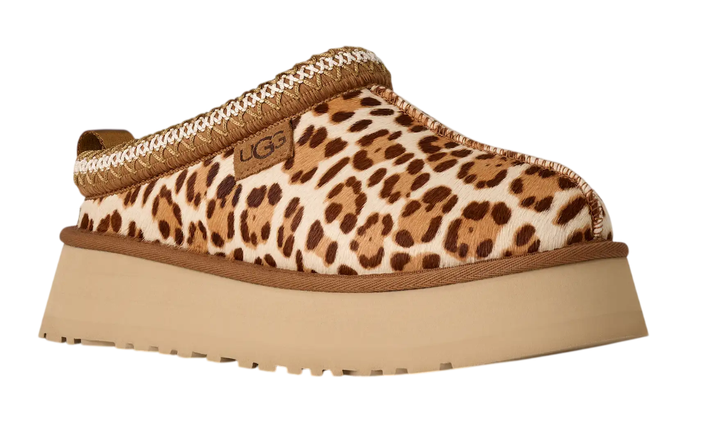 Leopard print UGG slipper on a white background