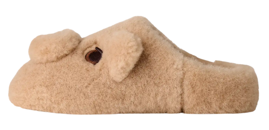 Beige slipper with a dog design on a white background