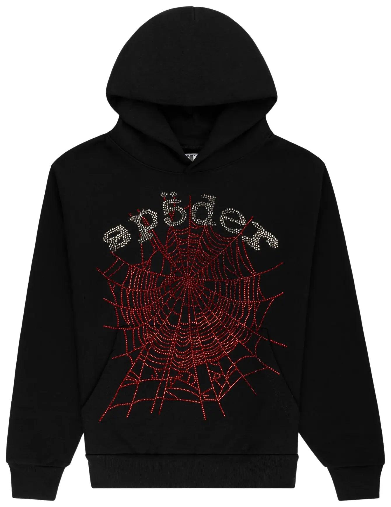 Sp5der Rhinestone OG Web v2 Hoodie Black & Red