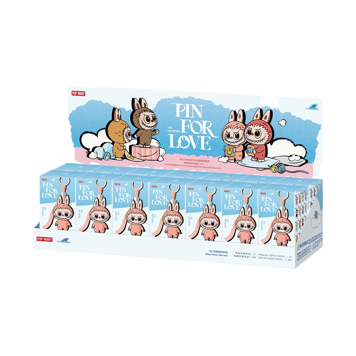Box of 'Pin for Love' pins with cartoon characters on a white background