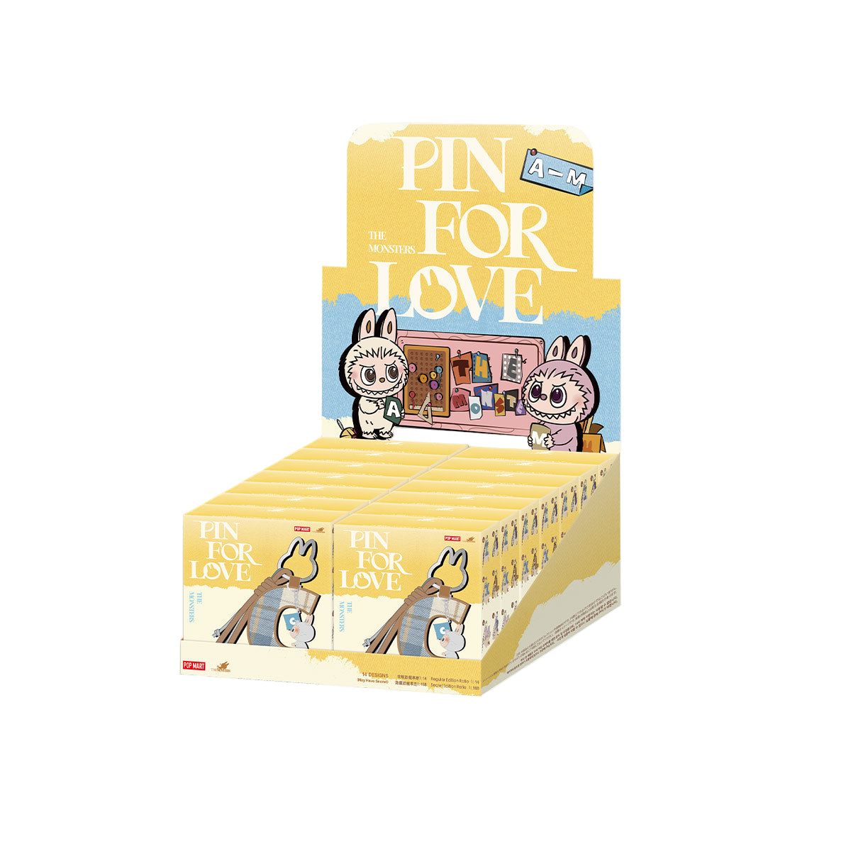 Display box of 'Pin for Love' with cartoon characters on a white background