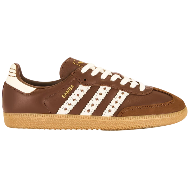 Brown Adidas sneaker with white stripes on a white background