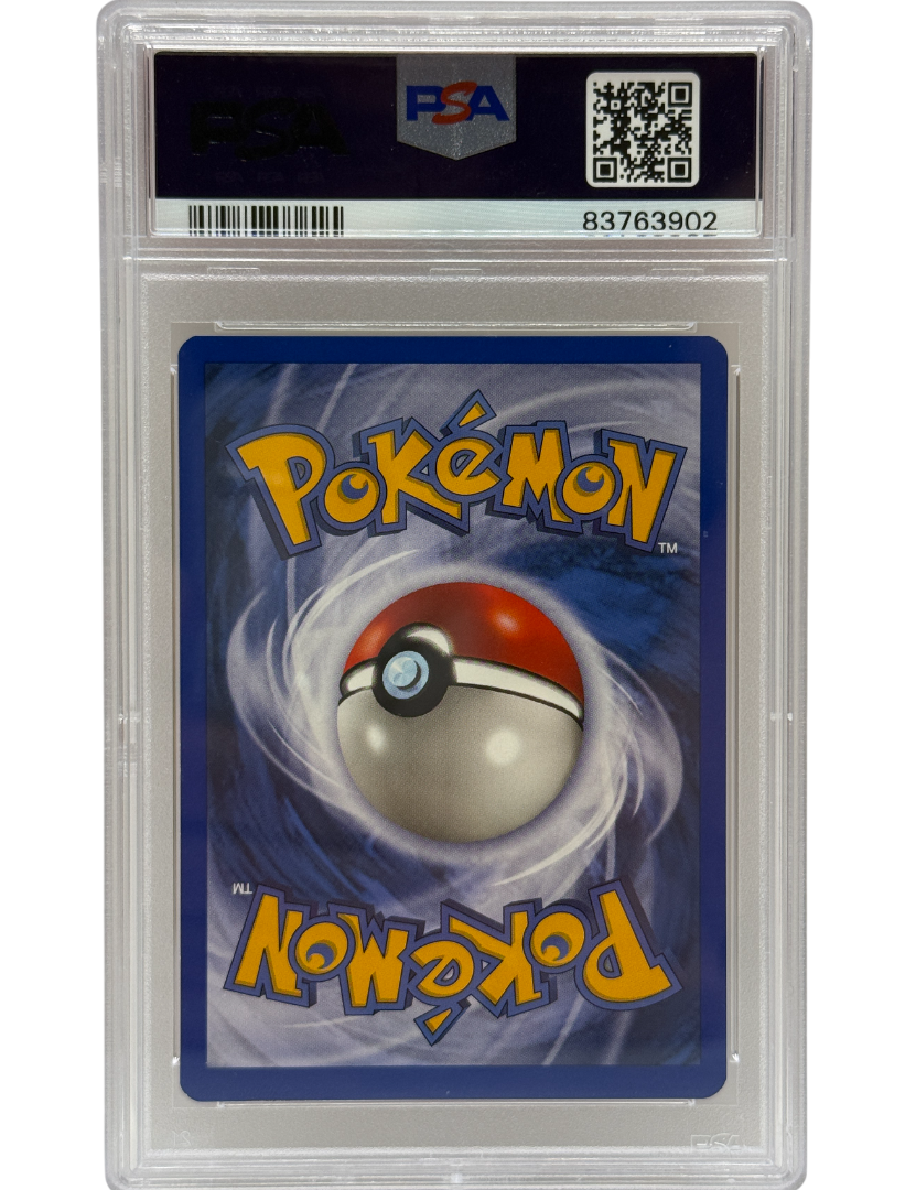 Pokémon trading card in a PSA protective case on a white background