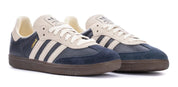 Pair of navy and white sneakers with three stripes on a white background