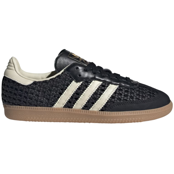 Black Adidas sneaker with white stripes on a white background