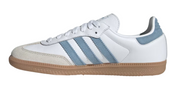White sneaker with blue stripes on a white background