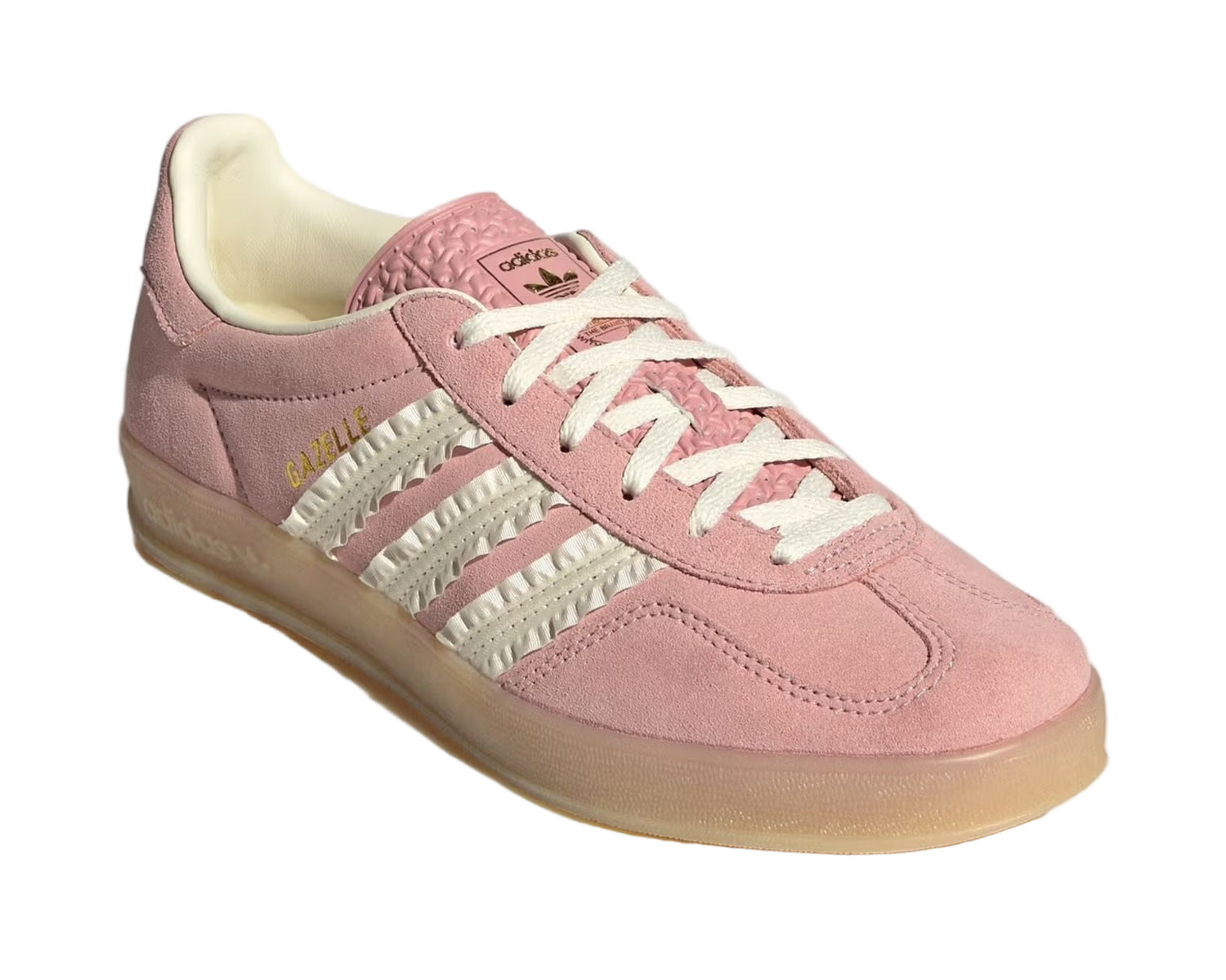 Pink Adidas sneaker with white laces on a light gray background