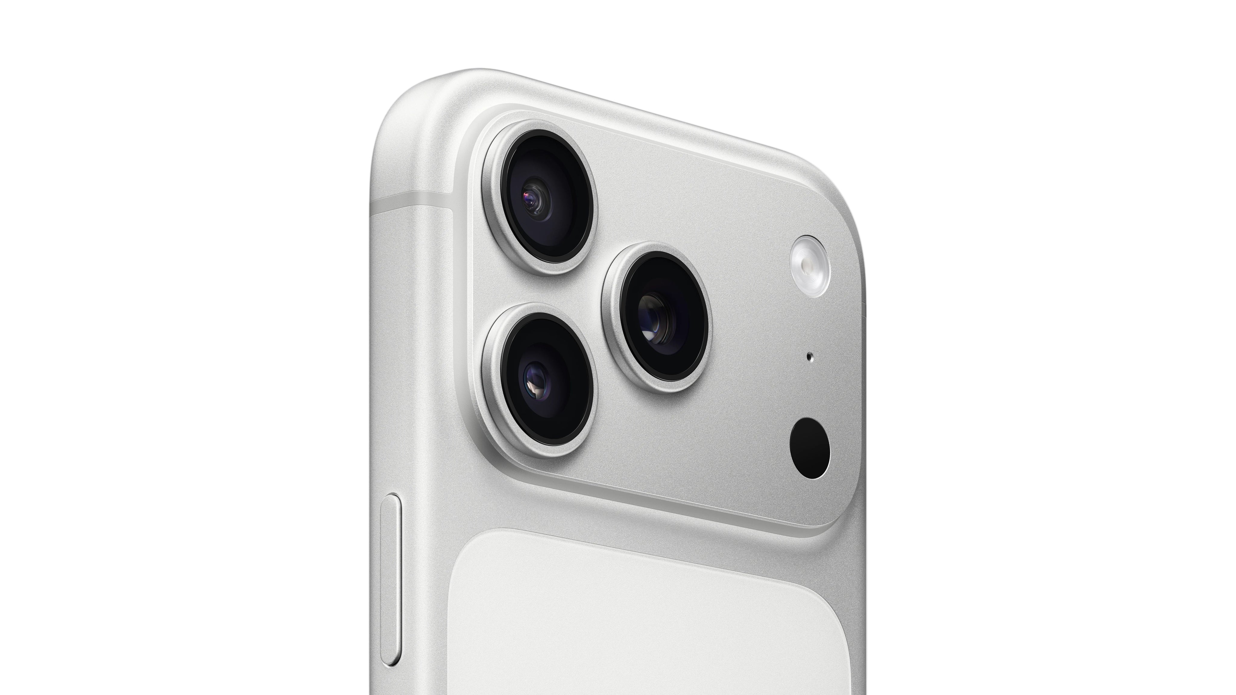 Close-up of a smartphone with camera lenses on a white background