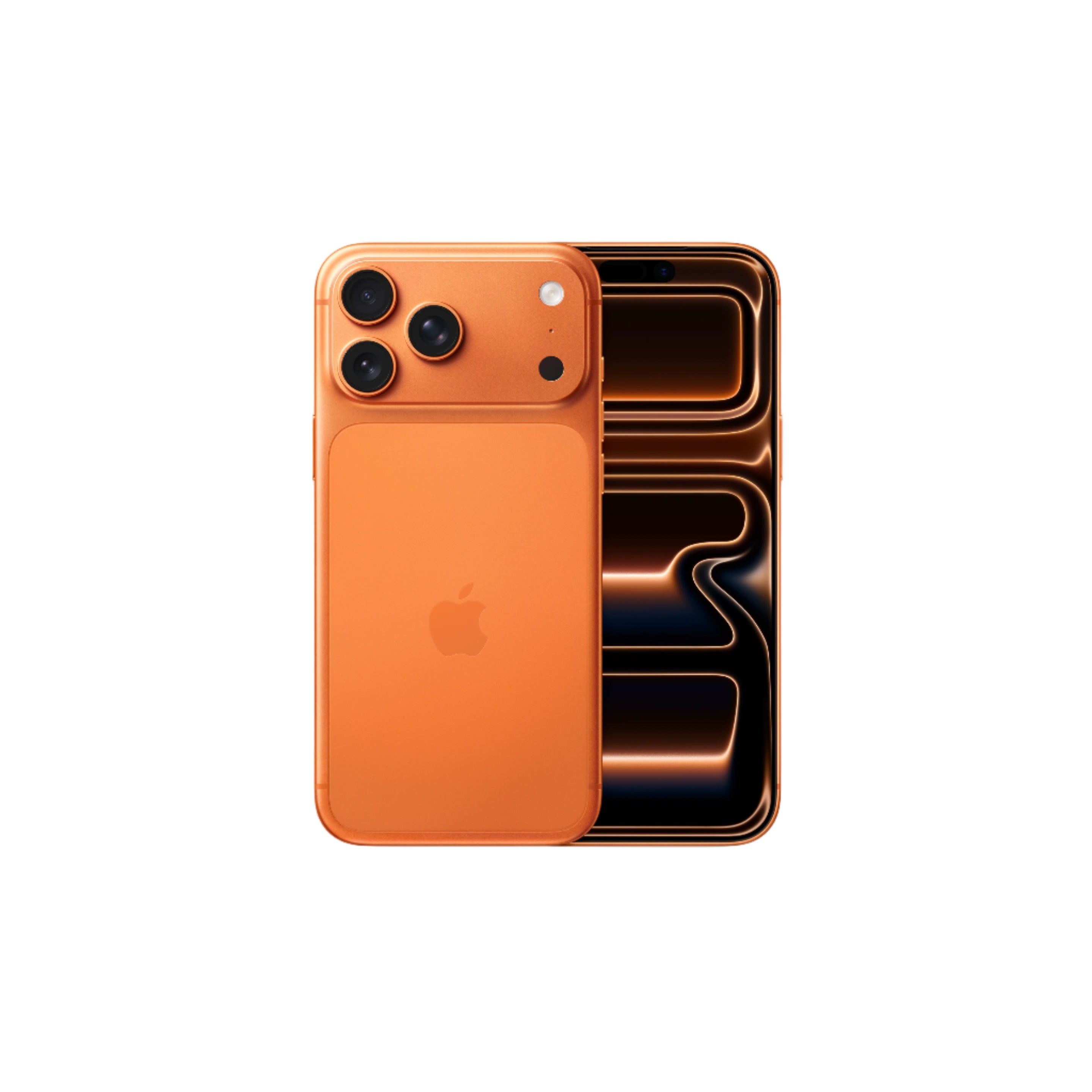 Orange smartphone with Apple logo on a white background